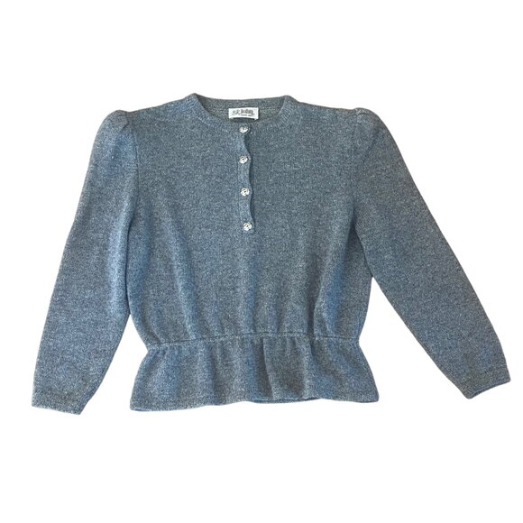 Vintage St. John Marie Gray Wool Peplum Button Pullover Sweater 14 - Picture 1 of 5